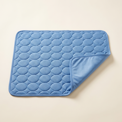 Frostnose cooling mat laid flat, blue quilted ice-silk