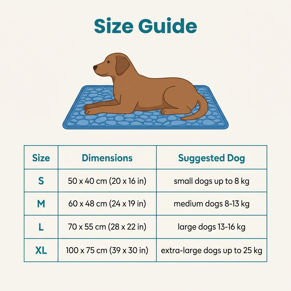 Frostnose cooling mat size guide - S M L XL dimensions and dog weights