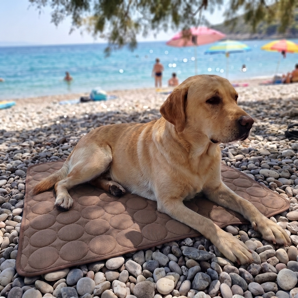 Labrador on a coffee-brown Frostnose cooling mat at a European beach
